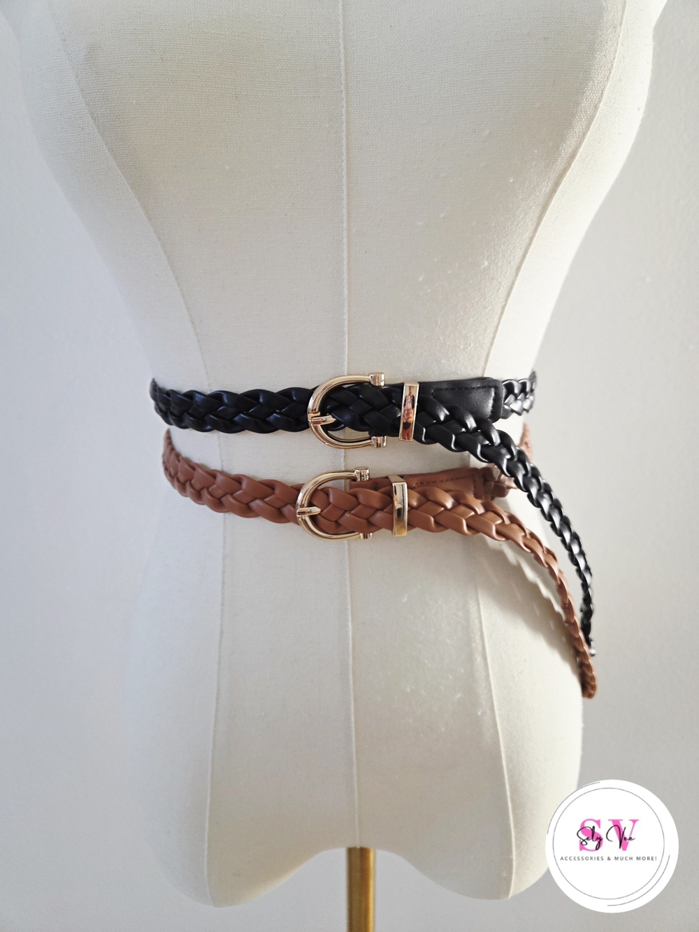 Bundle Of 2 Braided Waist Belt - Black and Brown with Gold Buckle